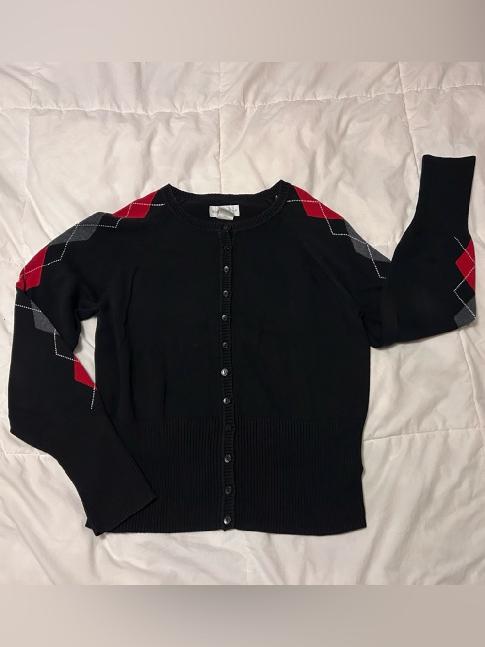 Red Grey Argyle Sleeve Black Cardigan L Worthington Twin Peaks Grunge 90s Y2K